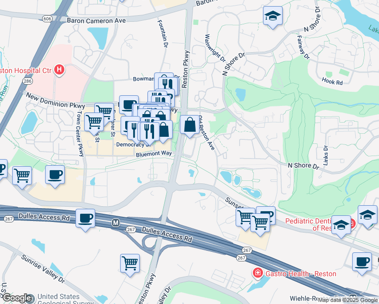 map of restaurants, bars, coffee shops, grocery stores, and more near 1860 Stratford Park Place in Reston