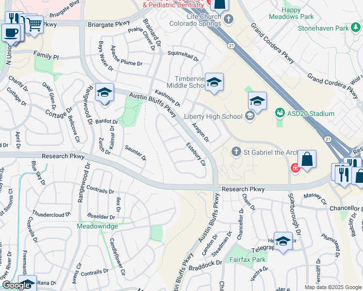 map of restaurants, bars, coffee shops, grocery stores, and more near 8731 Estebury Circle in Colorado Springs