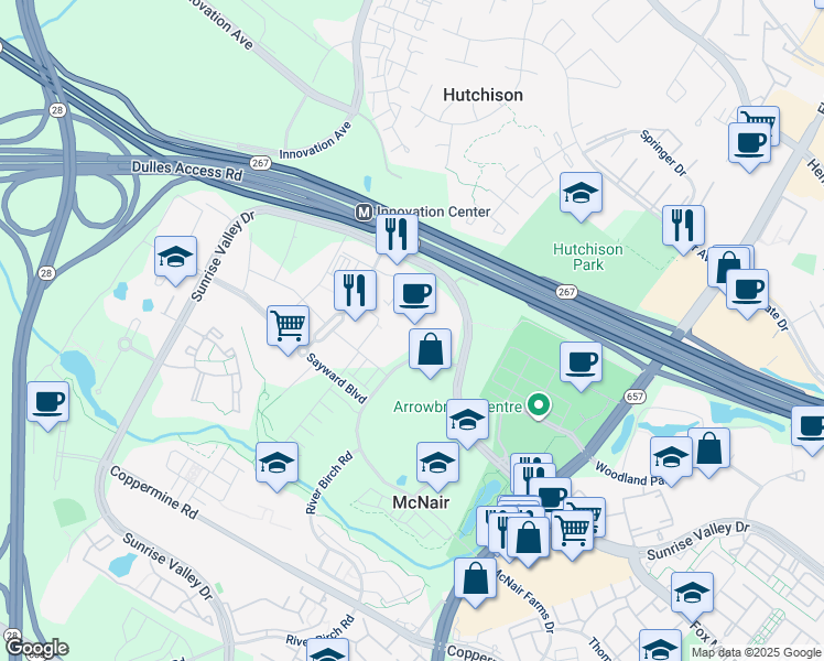 map of restaurants, bars, coffee shops, grocery stores, and more near 13655 Dulles Technology Drive in Herndon