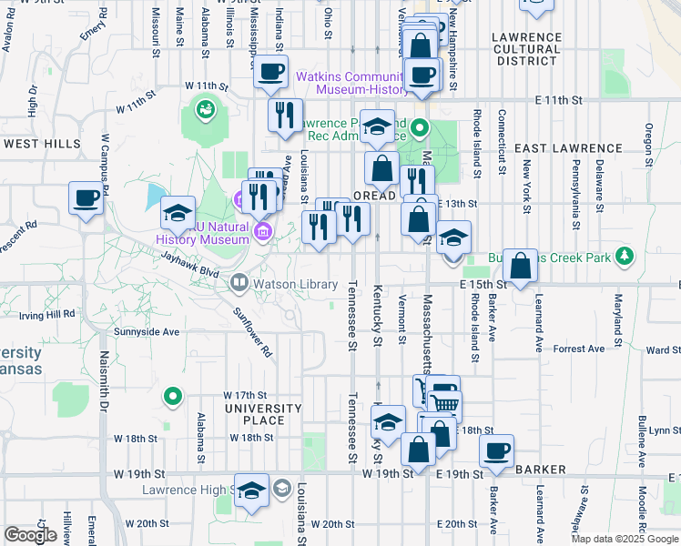 map of restaurants, bars, coffee shops, grocery stores, and more near 1450 Jayhawk Boulevard in Lawrence