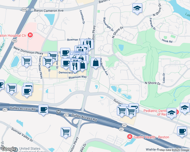 map of restaurants, bars, coffee shops, grocery stores, and more near 1860 Stratford Park Place in Reston