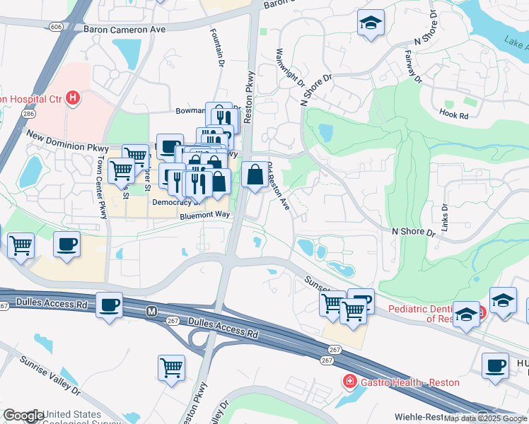 map of restaurants, bars, coffee shops, grocery stores, and more near 1855 Stratford Park Place in Reston