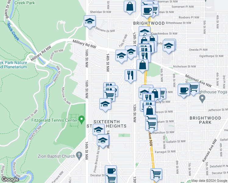 map of restaurants, bars, coffee shops, grocery stores, and more near 5600 Colorado Avenue Northwest in Washington