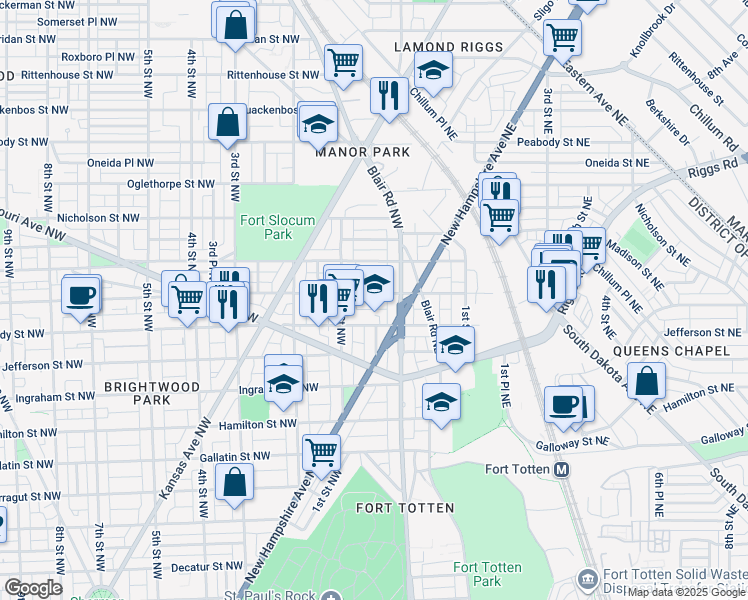 map of restaurants, bars, coffee shops, grocery stores, and more near 18 Longfellow Street Northwest in Washington