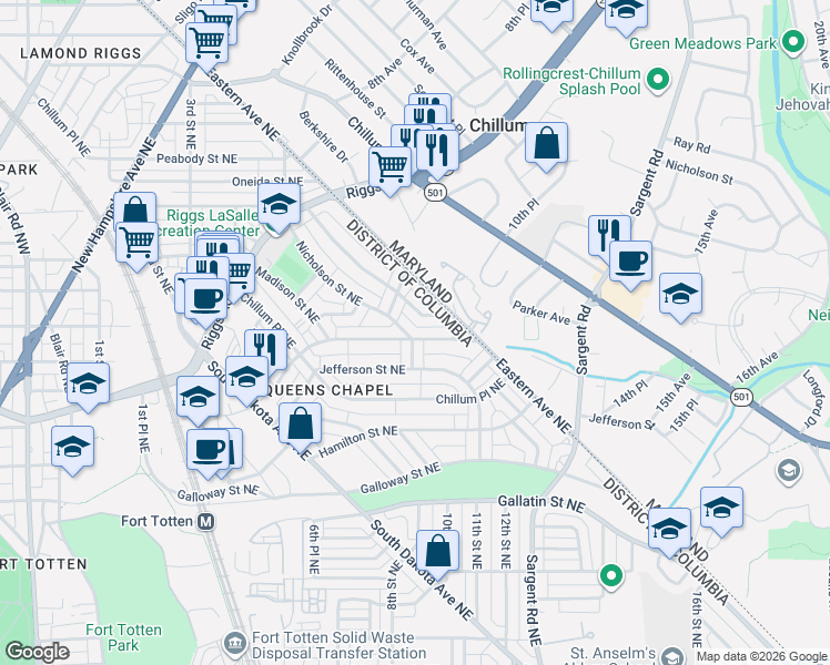 map of restaurants, bars, coffee shops, grocery stores, and more near 101 Independence Avenue Southeast in Washington