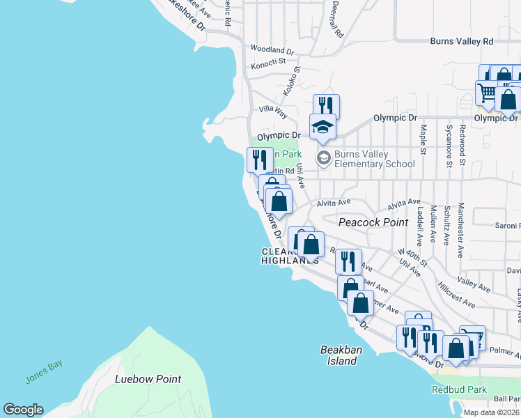 map of restaurants, bars, coffee shops, grocery stores, and more near 14097 Lakeshore Drive in Clearlake