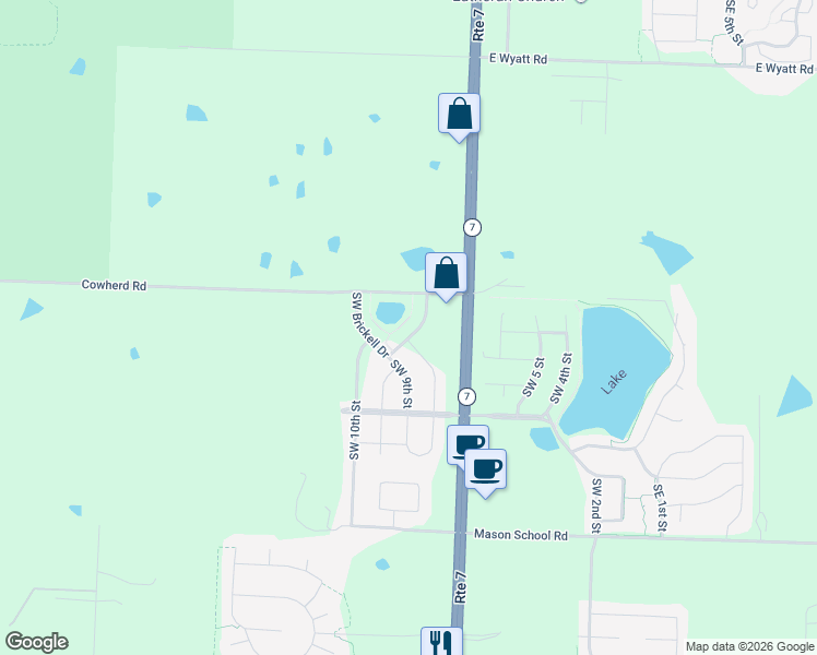 map of restaurants, bars, coffee shops, grocery stores, and more near 26307 Cowherd Road in Blue Springs
