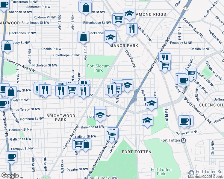 map of restaurants, bars, coffee shops, grocery stores, and more near 118 Longfellow Street Northwest in Washington