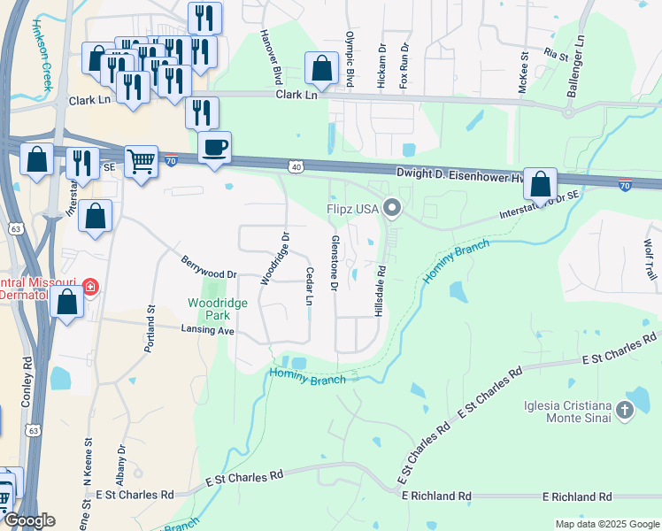 map of restaurants, bars, coffee shops, grocery stores, and more near 609 Glenstone Drive in Columbia