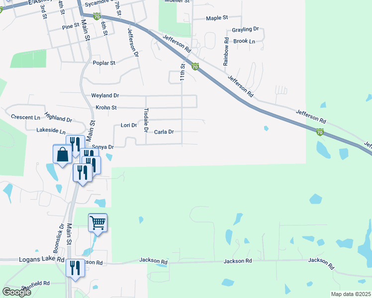 map of restaurants, bars, coffee shops, grocery stores, and more near 1113 Sonya Drive in Boonville