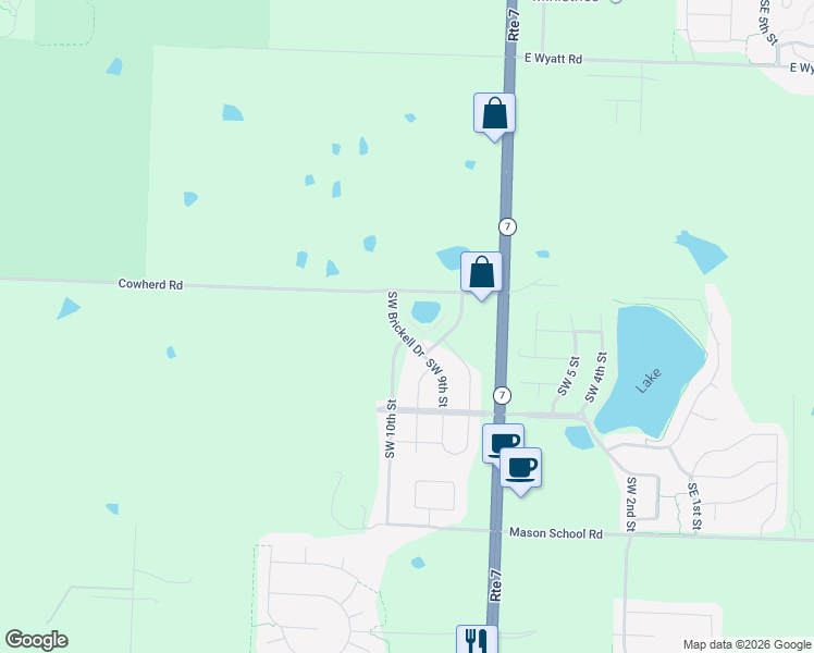 map of restaurants, bars, coffee shops, grocery stores, and more near 25906 Cowherd Road in Blue Springs