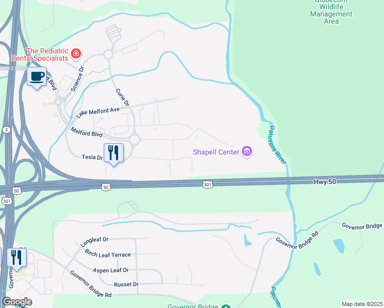 map of restaurants, bars, coffee shops, grocery stores, and more near 5081 Howerton Way in Bowie