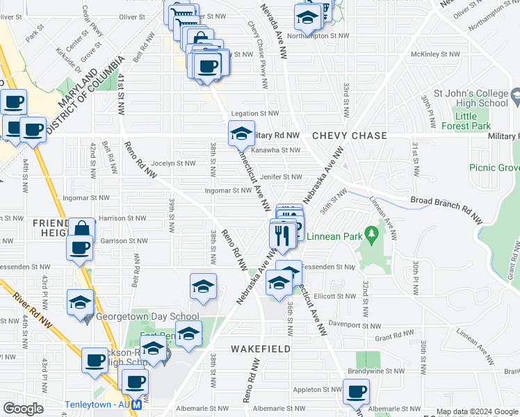 map of restaurants, bars, coffee shops, grocery stores, and more near 3704 Huntington Street Northwest in Washington