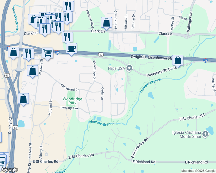 map of restaurants, bars, coffee shops, grocery stores, and more near 704 Glenstone Drive in Columbia