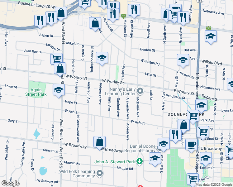 map of restaurants, bars, coffee shops, grocery stores, and more near 414 Hirth Avenue in Columbia