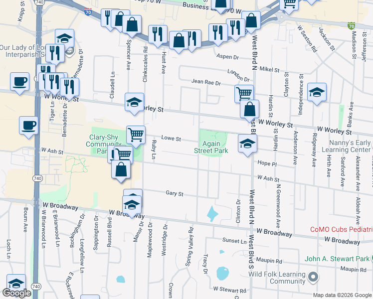 map of restaurants, bars, coffee shops, grocery stores, and more near 1306 Lowe Street in Columbia
