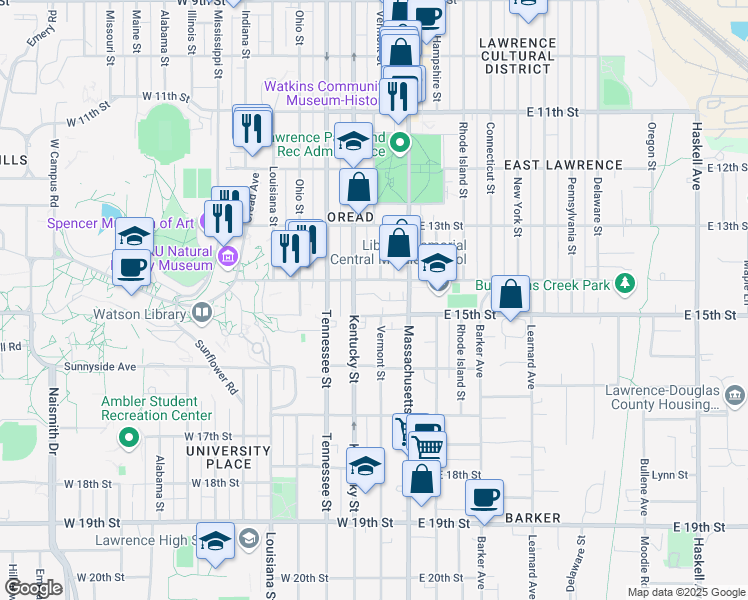 map of restaurants, bars, coffee shops, grocery stores, and more near 1400 Kentucky Street in Lawrence