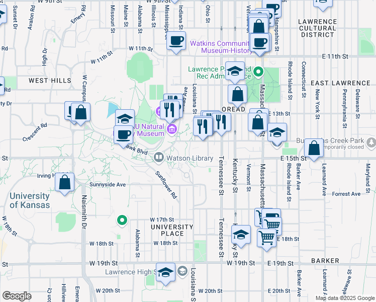 map of restaurants, bars, coffee shops, grocery stores, and more near in Lawrence