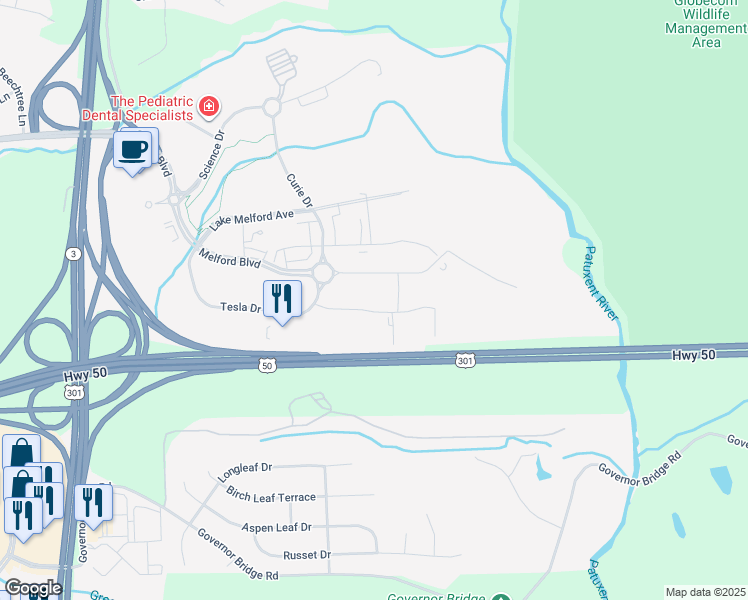 map of restaurants, bars, coffee shops, grocery stores, and more near 17321 Melford Boulevard in Bowie