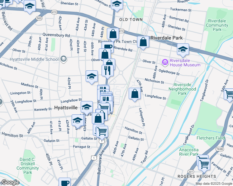 map of restaurants, bars, coffee shops, grocery stores, and more near 5716 46th Place in Hyattsville