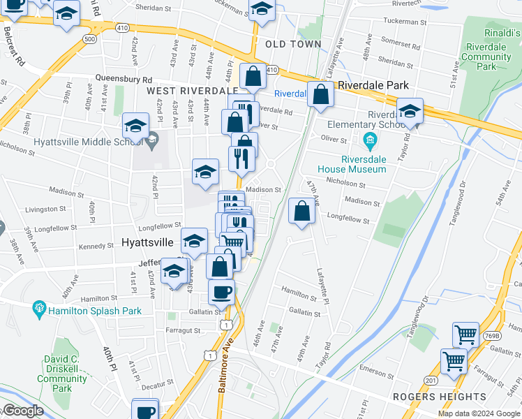 map of restaurants, bars, coffee shops, grocery stores, and more near 5716 46th Place in Hyattsville