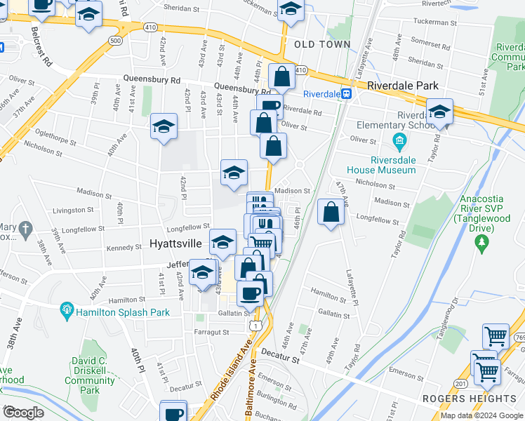 map of restaurants, bars, coffee shops, grocery stores, and more near 5700 Baltimore Avenue in Hyattsville