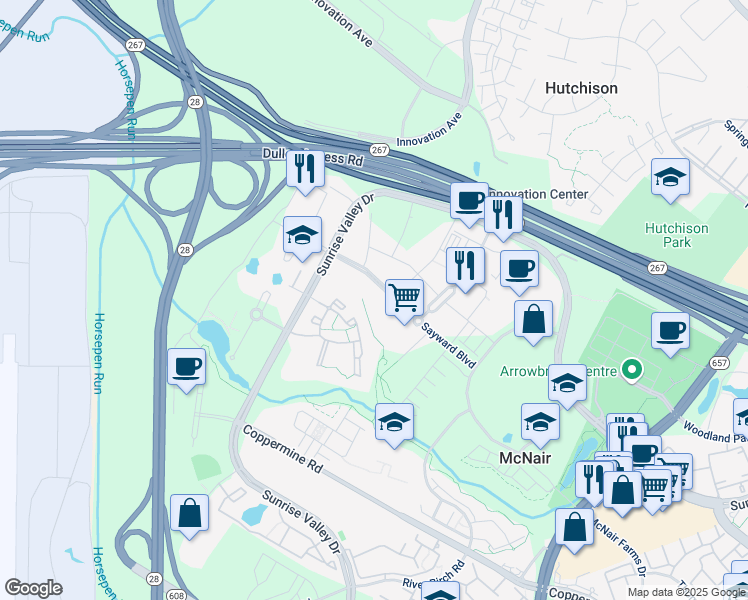 map of restaurants, bars, coffee shops, grocery stores, and more near 13711 Sayward Boulevard in Herndon