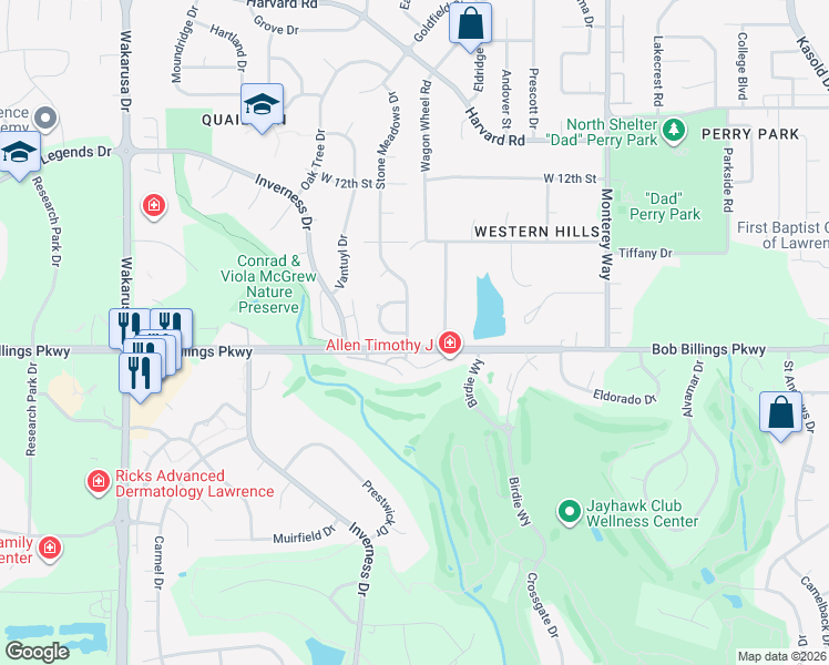 map of restaurants, bars, coffee shops, grocery stores, and more near 1403 Brighton Circle in Lawrence