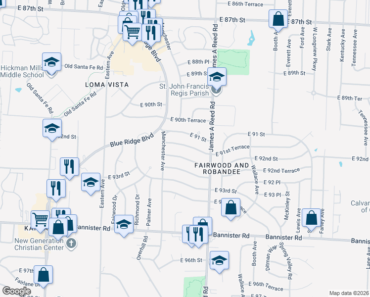 map of restaurants, bars, coffee shops, grocery stores, and more near 8001 East 91st Terrace in Kansas City