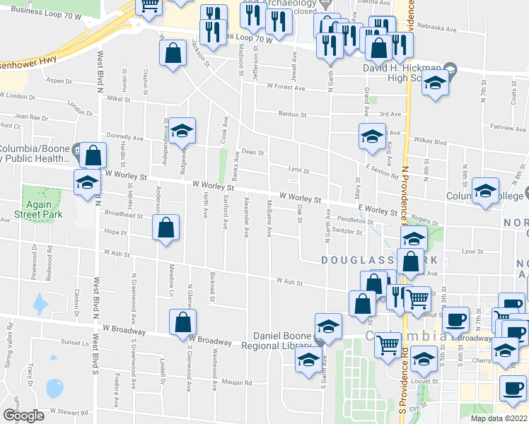 map of restaurants, bars, coffee shops, grocery stores, and more near 409 McBaine Avenue in Columbia