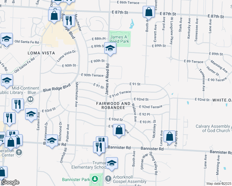 map of restaurants, bars, coffee shops, grocery stores, and more near 8300 East 91st Terrace in Kansas City
