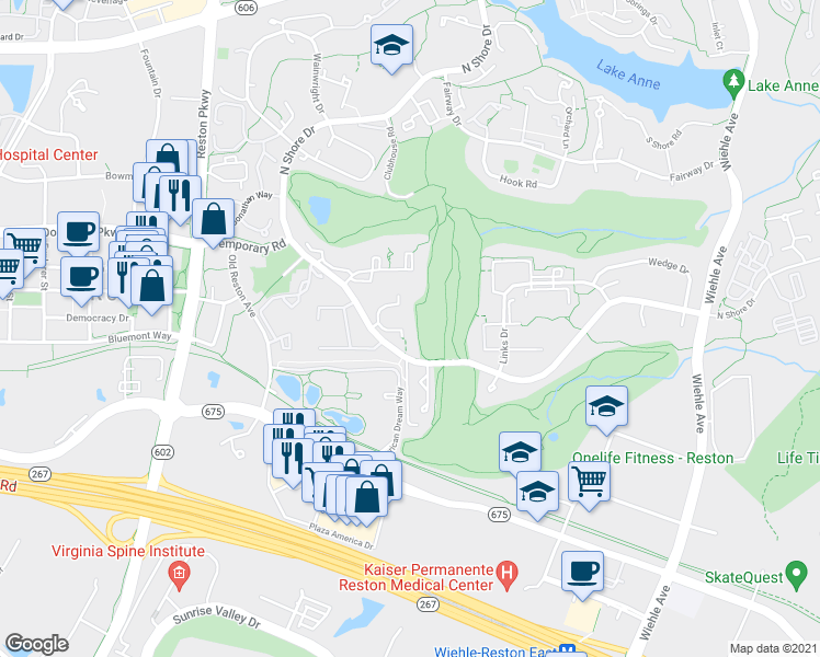map of restaurants, bars, coffee shops, grocery stores, and more near 11781 North Shore Drive in Reston