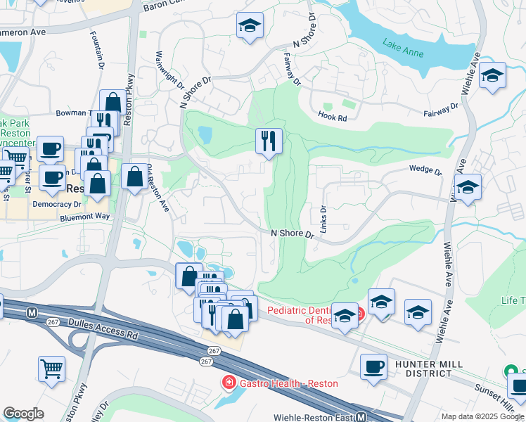 map of restaurants, bars, coffee shops, grocery stores, and more near 11781 North Shore Drive in Reston