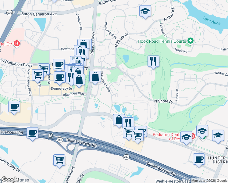 map of restaurants, bars, coffee shops, grocery stores, and more near Sycamore Valley Drive in Reston