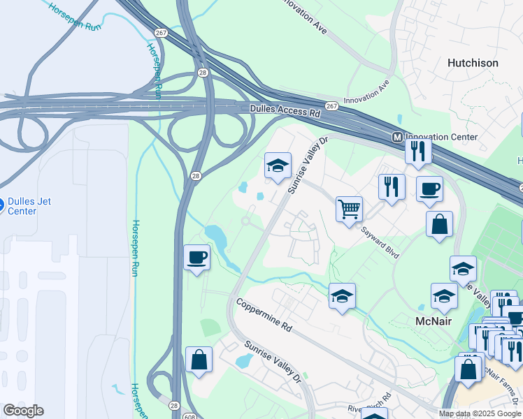 map of restaurants, bars, coffee shops, grocery stores, and more near 2411 Dulles Corner Park in Herndon