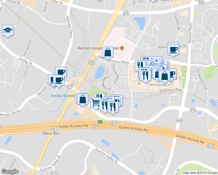 map of restaurants, bars, coffee shops, grocery stores, and more near 1984 Logan Manor Drive in Reston