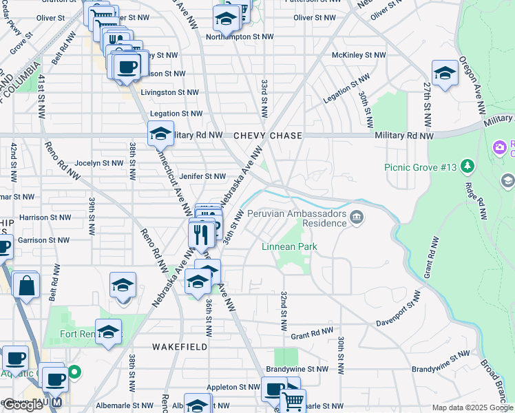 map of restaurants, bars, coffee shops, grocery stores, and more near 5160 Linnean Terrace Northwest in Washington