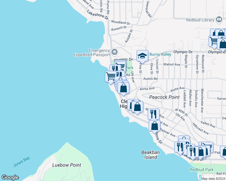map of restaurants, bars, coffee shops, grocery stores, and more near 14095 Lakeshore Drive in Clearlake