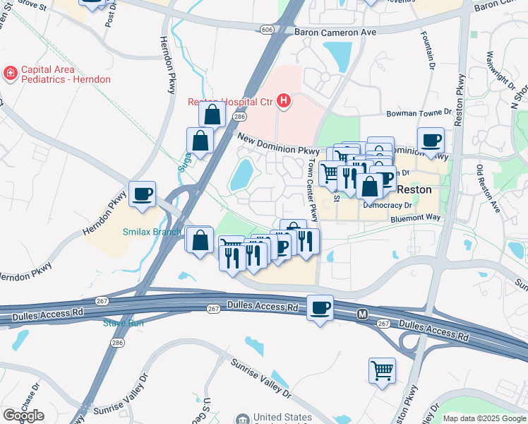 map of restaurants, bars, coffee shops, grocery stores, and more near 1984 Logan Manor Drive in Reston