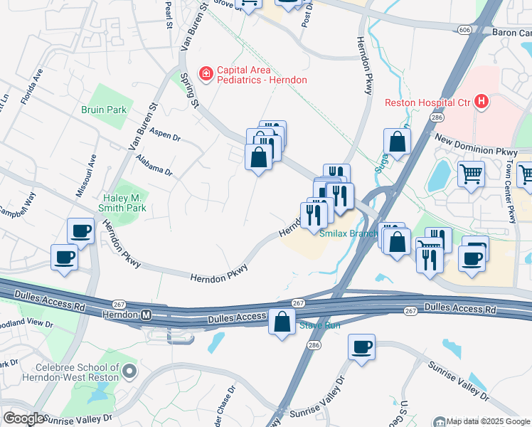 map of restaurants, bars, coffee shops, grocery stores, and more near 485 Springpark Place in Herndon