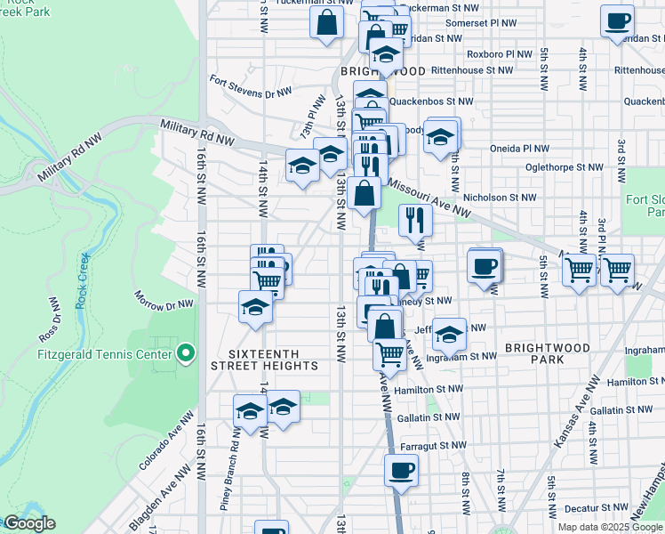 map of restaurants, bars, coffee shops, grocery stores, and more near 1301 Longfellow Street Northwest in Washington