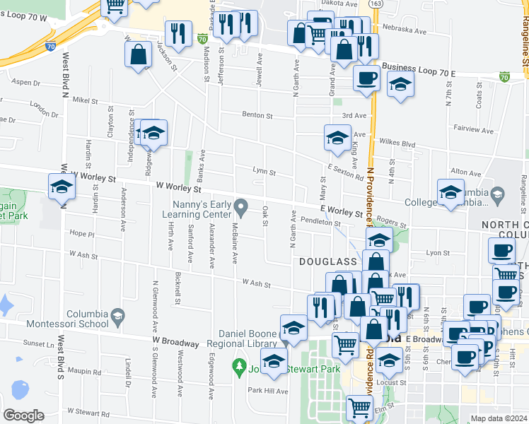 map of restaurants, bars, coffee shops, grocery stores, and more near 200 Lincoln Drive in Columbia