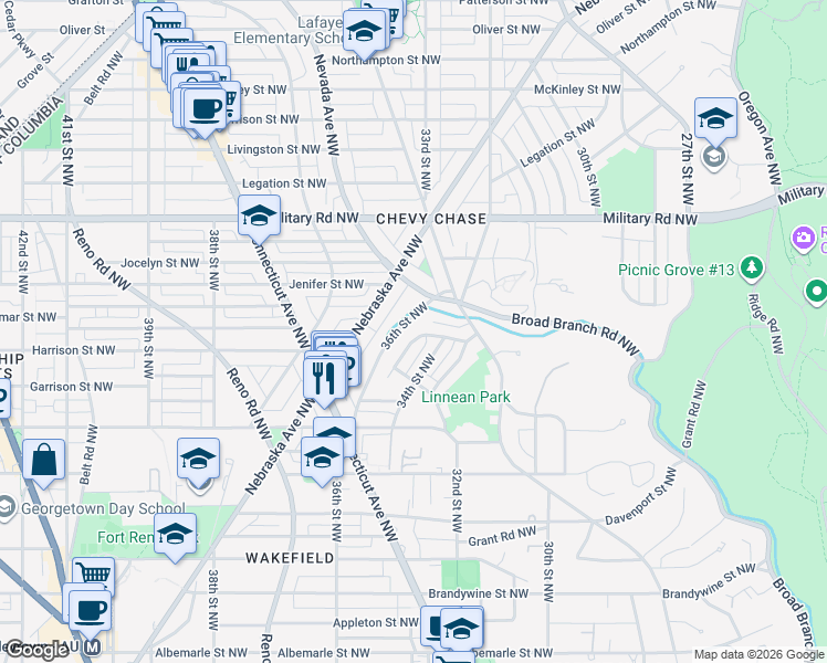 map of restaurants, bars, coffee shops, grocery stores, and more near 5160 Linnean Terrace Northwest in Washington