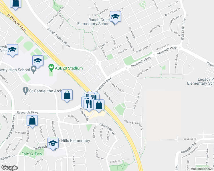 map of restaurants, bars, coffee shops, grocery stores, and more near 5329 Snowy Egret Grove in Colorado Springs