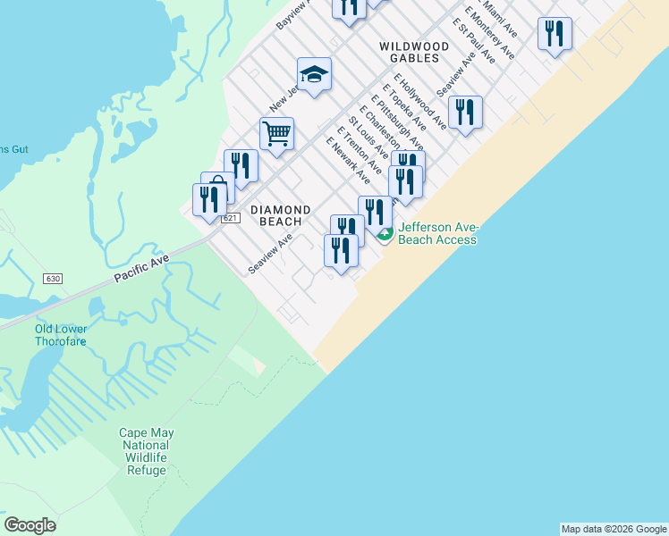 map of restaurants, bars, coffee shops, grocery stores, and more near 9900 Seapointe Boulevard in Wildwood