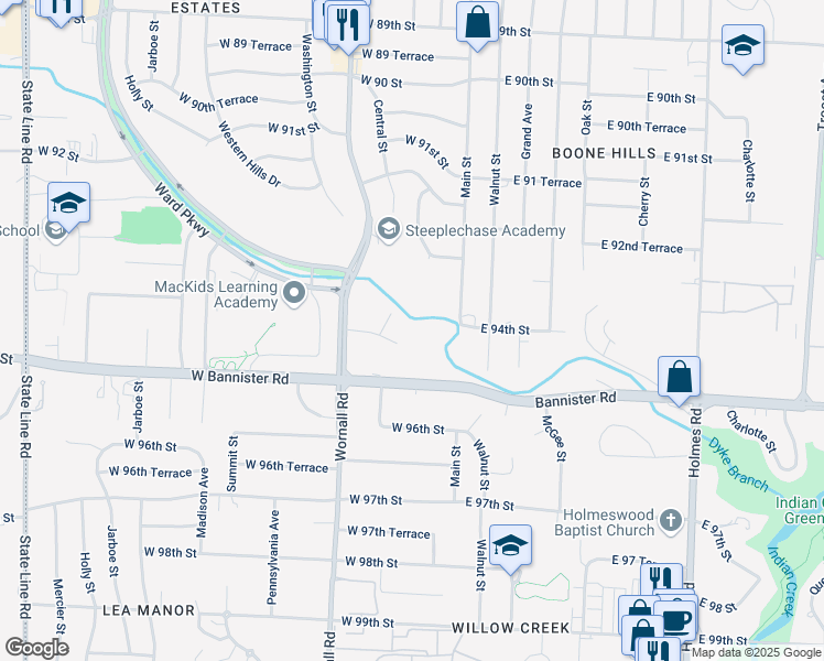 map of restaurants, bars, coffee shops, grocery stores, and more near 206 West 94th Street in Kansas City