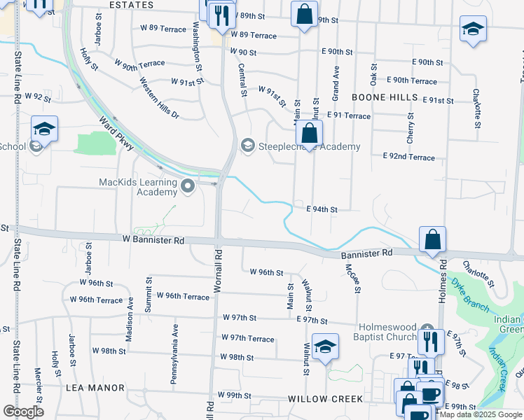 map of restaurants, bars, coffee shops, grocery stores, and more near 206 West 94th Street in Kansas City