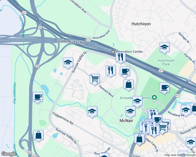 map of restaurants, bars, coffee shops, grocery stores, and more near 2330 Dulles Station Boulevard in Herndon