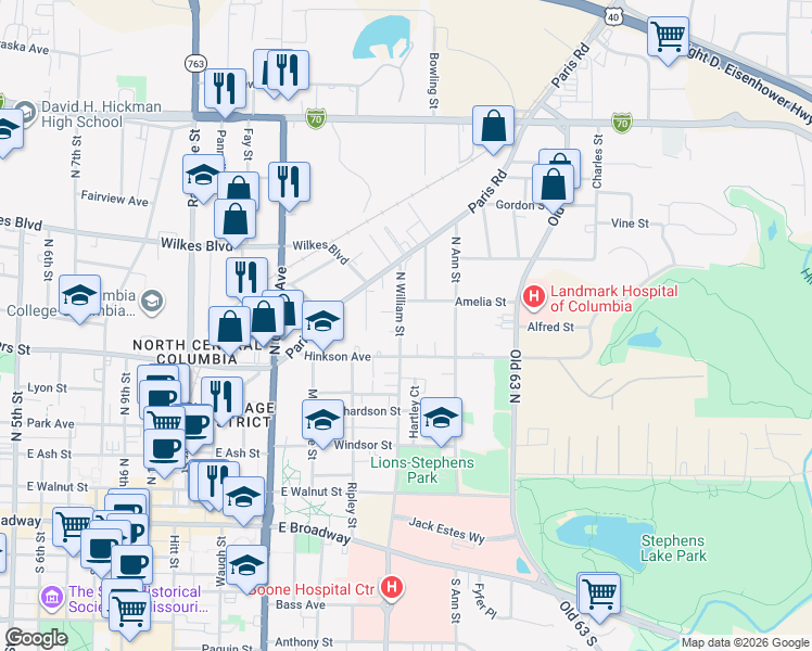 map of restaurants, bars, coffee shops, grocery stores, and more near 1604 Amelia Street in Columbia