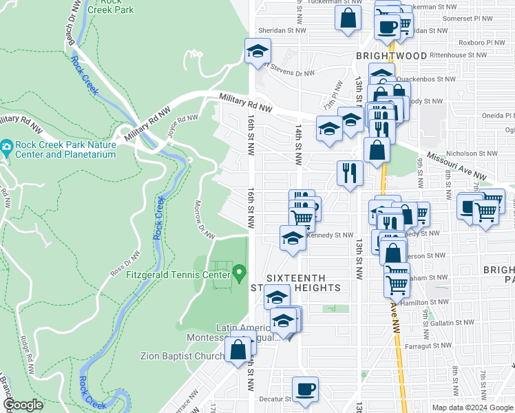 map of restaurants, bars, coffee shops, grocery stores, and more near 5603 16th Street Northwest in Washington